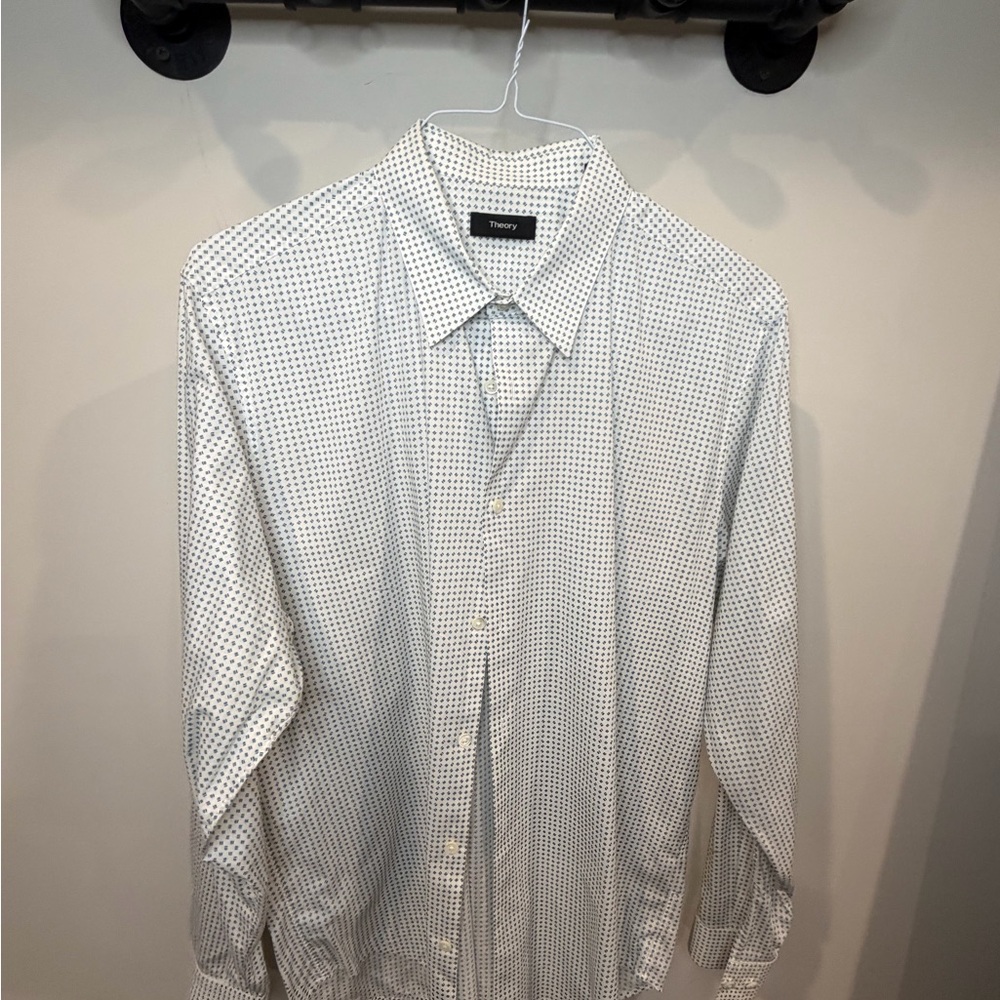 Theory White Dress Shirt with Black Micro Dot Pattern
